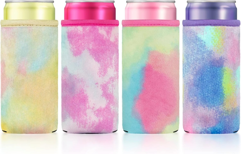 4-Pack Tie Dye Faux Fur Neoprene Slim Can Cooler Sleeves, Plush Velvet 12oz Skinny Cans Beverage Insulated Coolers (Rainbow Multi color)