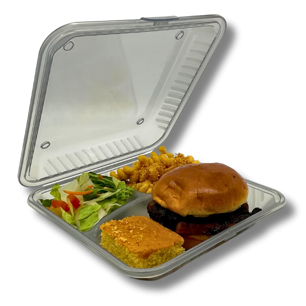 FSE Reusable to Go Take Out Container, 3-Compartment, BPA Free, 9" x 9" x 2.5", Smoke Gray, Ideal for Meal Prep, Microwave and Dishwasher Safe