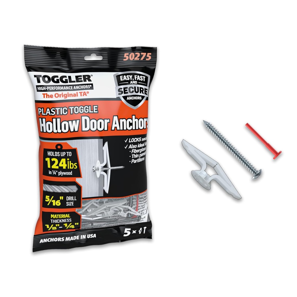 TOGGLER Toggle TA Hollow-Door Anchor with Screws, Polypropylene, Made in US, 1/8" to 1/4" Grip Range, For #8 to #12 Fastener Sizes (Pack of 5)