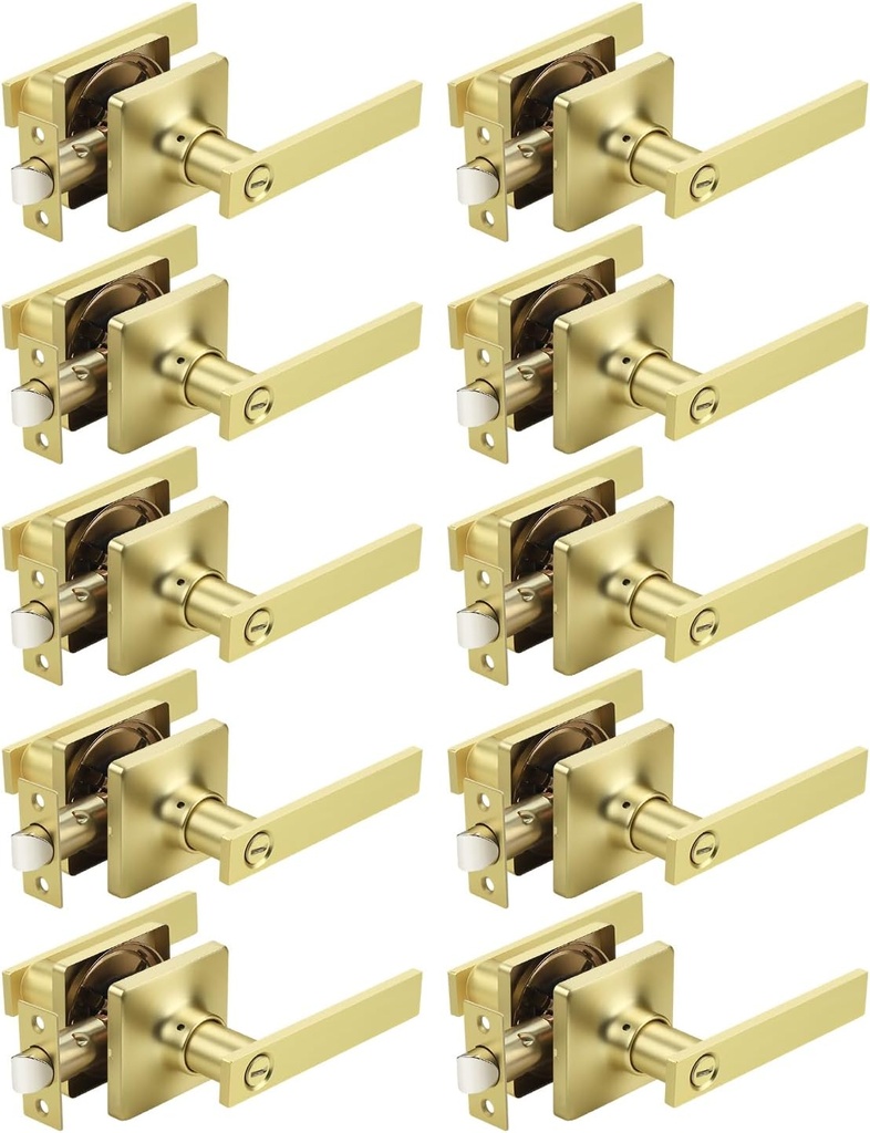 Mengico 10 Pack Gold Privacy Lever Door Handle Interior with Lock, Heavy Duty Square Door Lock for Bed/Bath, Keyless Door Locksets, Reversible for Left Right Handed Doors