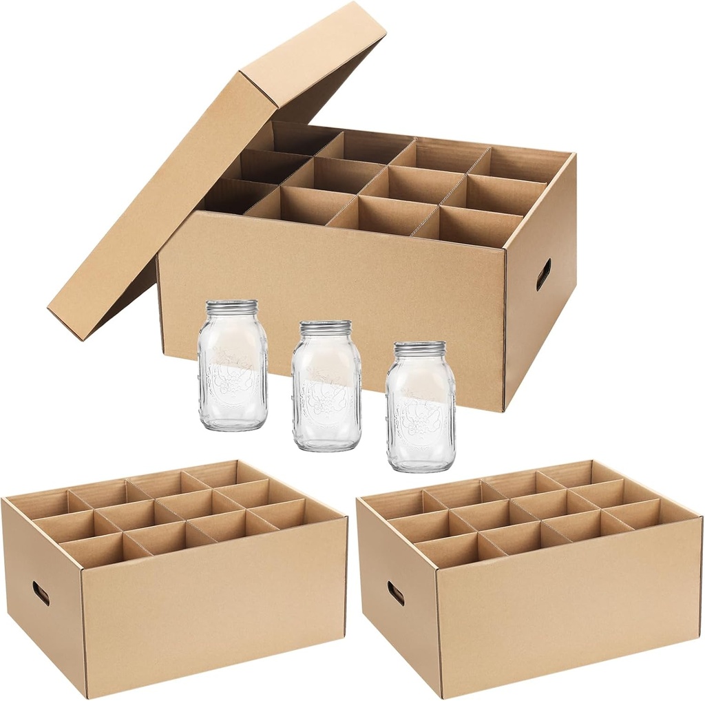Menkxi 3 Pcs Mason Jar Storage Boxes 32 oz Regular or Wide Mouth Canning Boxes with Handles and Dividers 12 Cells Mason Jar Storage Organizer for Stacking (Natural Color)