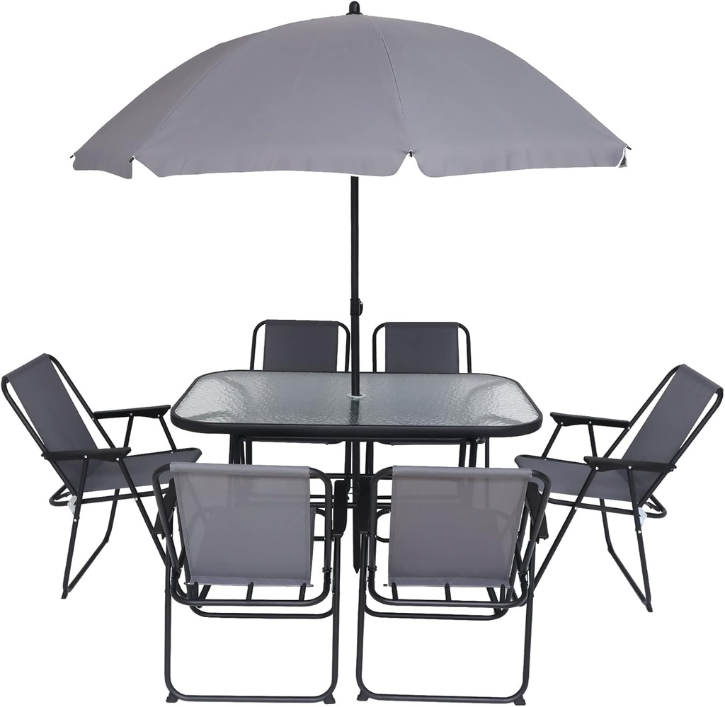 Folding Patio Dining Set, Garden Patio Furniture Set, 8-Piece Outdoor Dining Set with Tilted Removable Umbrella, 6 Folding Chairs, and 1 Rectangular Tempered Glass Table – Grey