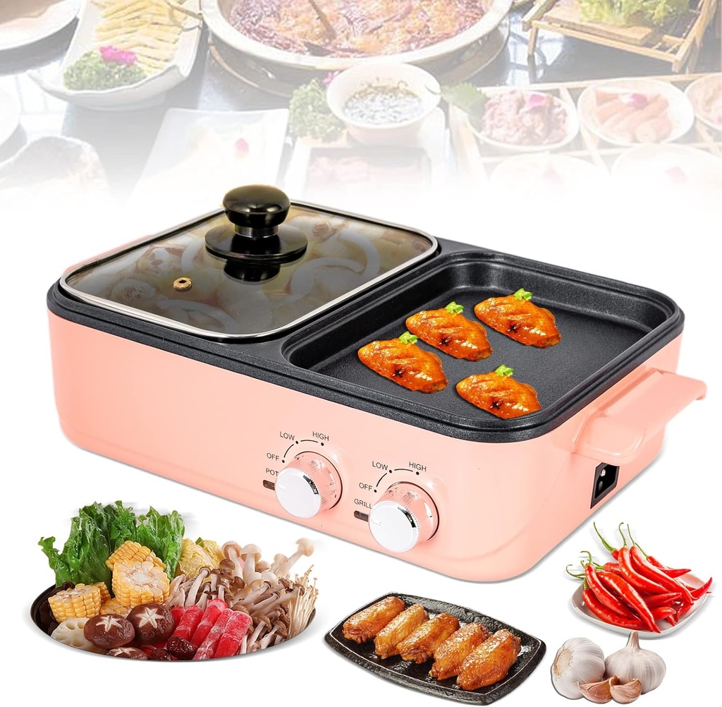 TFCFL Electric Grill and Hot Pot, 2 in 1 Non-Stick Barbecue Hot Pot Grill with Dual Temp Control, 1200-1500W, 2L, Mini Smokeless Korean BBQ/Shabu (Pink)