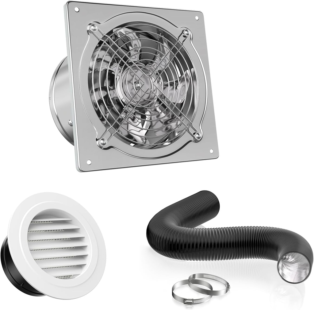 HG Power 6 Inch Exhasut Fan Kit - Metal Exhaust Fan, Round Vent Cover, 116-feet Flexible Air Ducting for Kitchen, Garage, Basement, Chicken Coop, Workshop, Greenhouse Ventilation Use