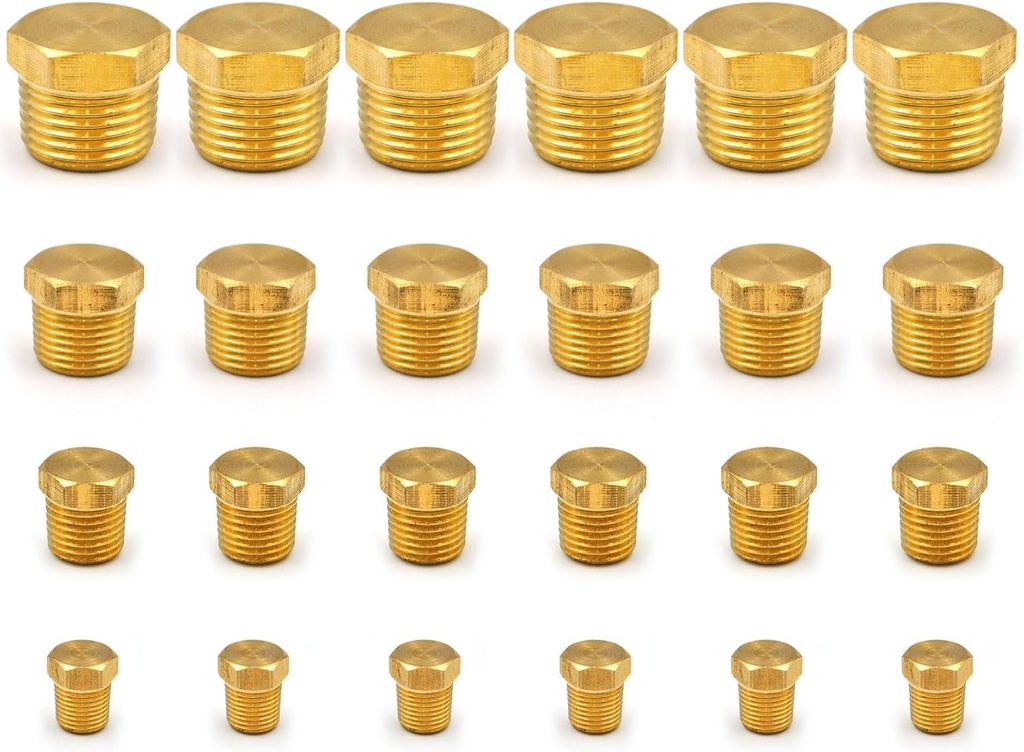 Brass Hex Pipe Plug Fittings Kits, Brass Plugs Fitting Assortment 1/8" 1/4" 3/8" 1/2" NTP Plug Male Threaded 24 PCS
