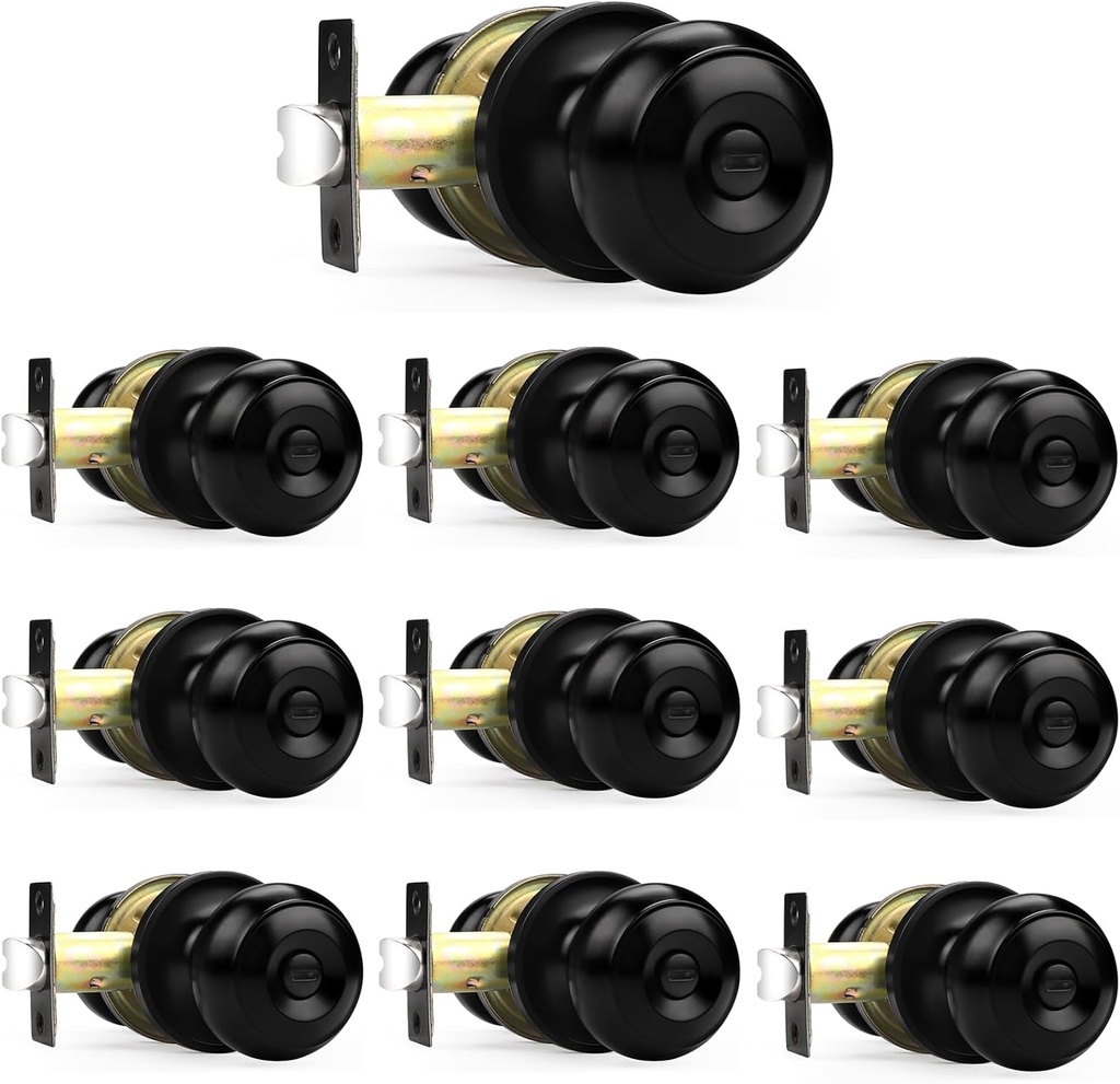 Probrico Black Door Knobs, Flat Ball Interior Bath/Bed Doorknobs, Keyless Door Handles Locks for Bedroom Bathroom, Privacy Function, 10 Pack