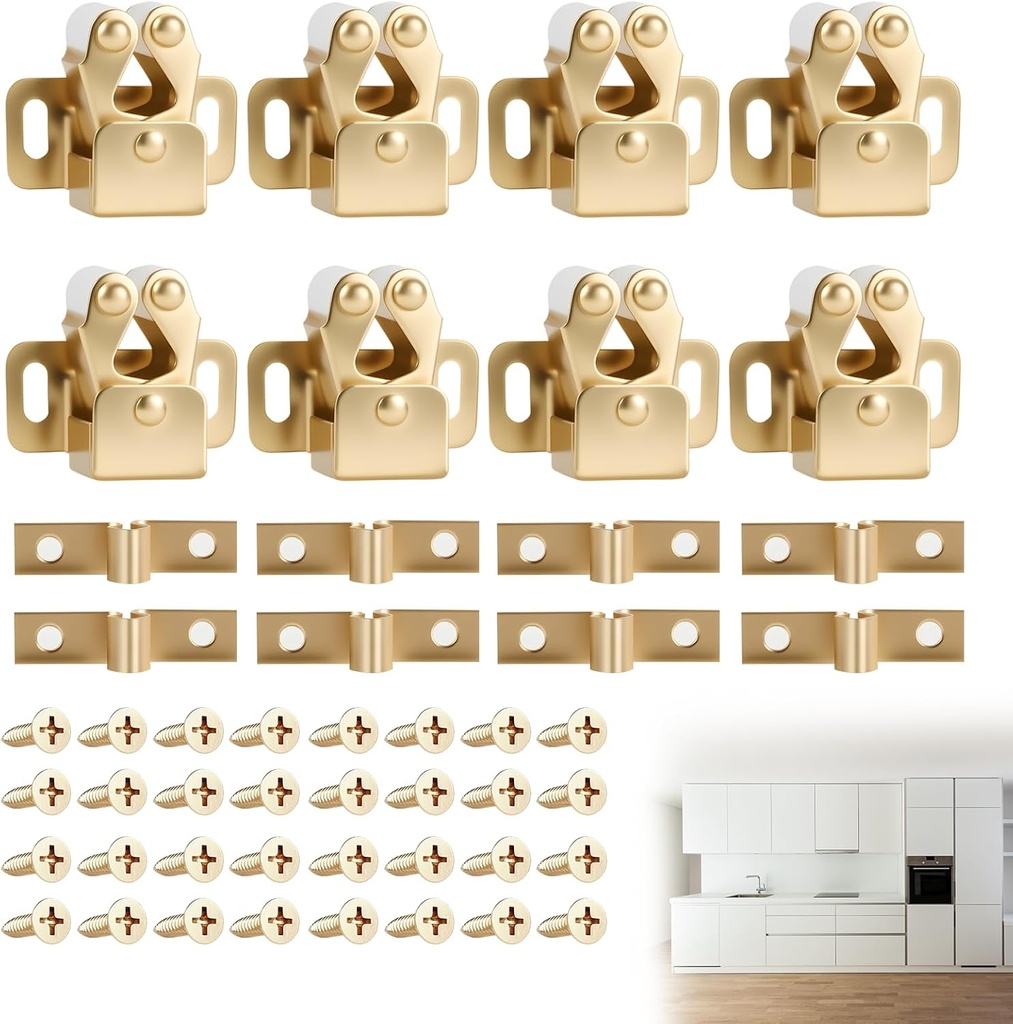 8 Pack Double Roller Cabinet Door Latch, Upgrade Gold Stainless Steel Cabinet Latches Hardware with Spear Strike and Mounting Screws, Designed for Kitchen, Bathroom and Storage Cabinets