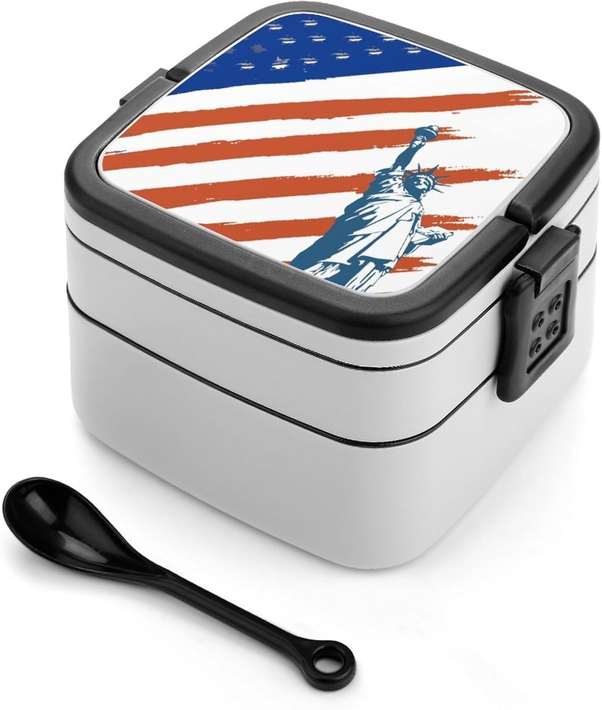 USA Statue of Liberty Flag Adult Bento Box Double Layer Lunch Box Container for Work, Picnic, Travel, Camping