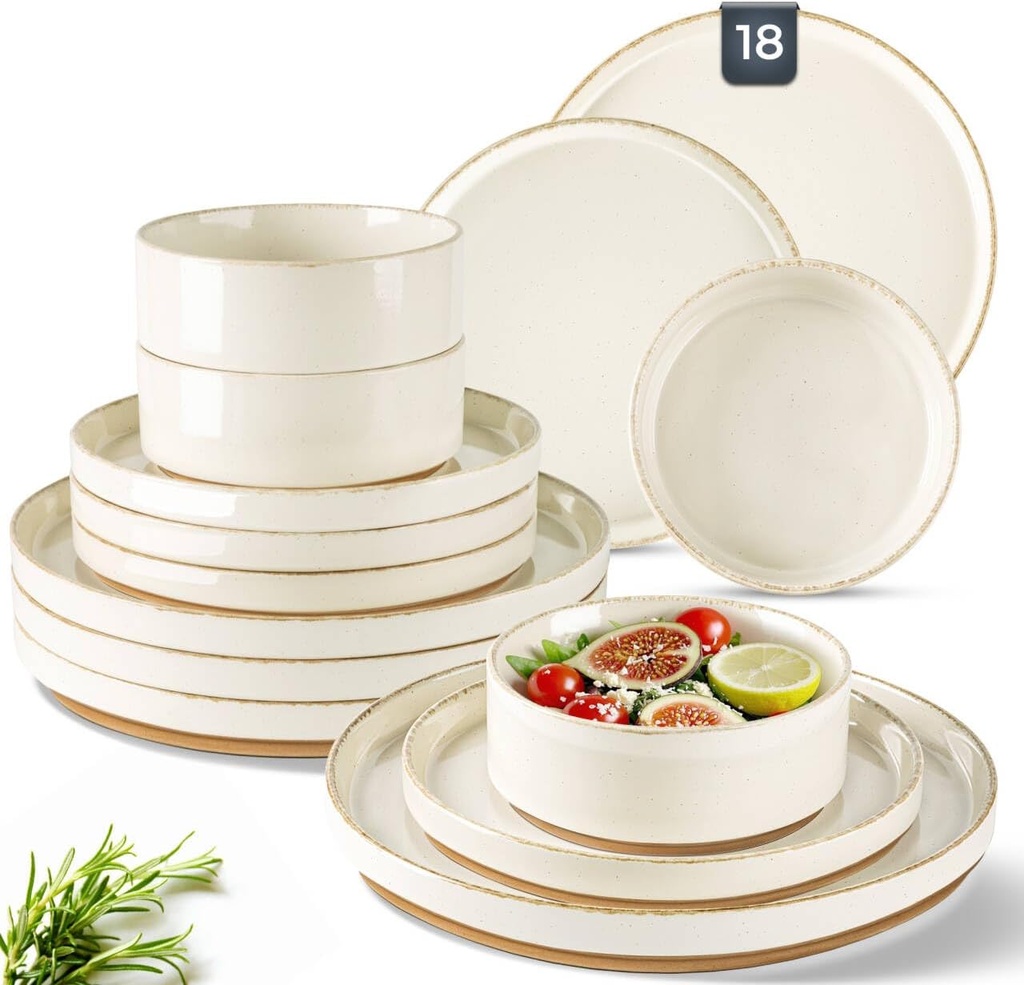 AmorArc Ceramic Dinnerware Sets for 6, 18 Pieces Handpainted Plates and Bowls Set with Rustic Terracotta Underside, Scratch Resistant Stoneware Dishes Set, Dishwasher & Microwave Safe