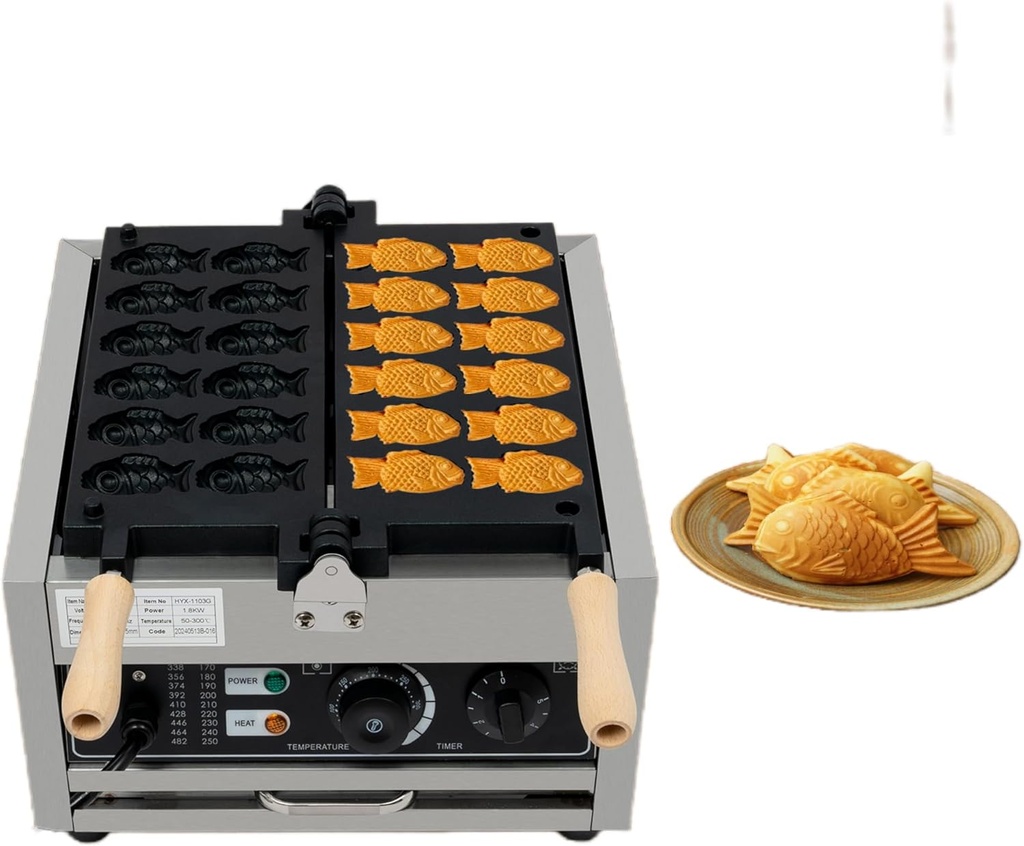 1800W Electric Taiyaki Fish Waffle Maker, 12 Pcs Mini Fish-Shaped Waffle Iron Commercial Fish Waffle Machine, Nonstick Stainless Steel Waffle Iron Baker w/Time and Temperature Control