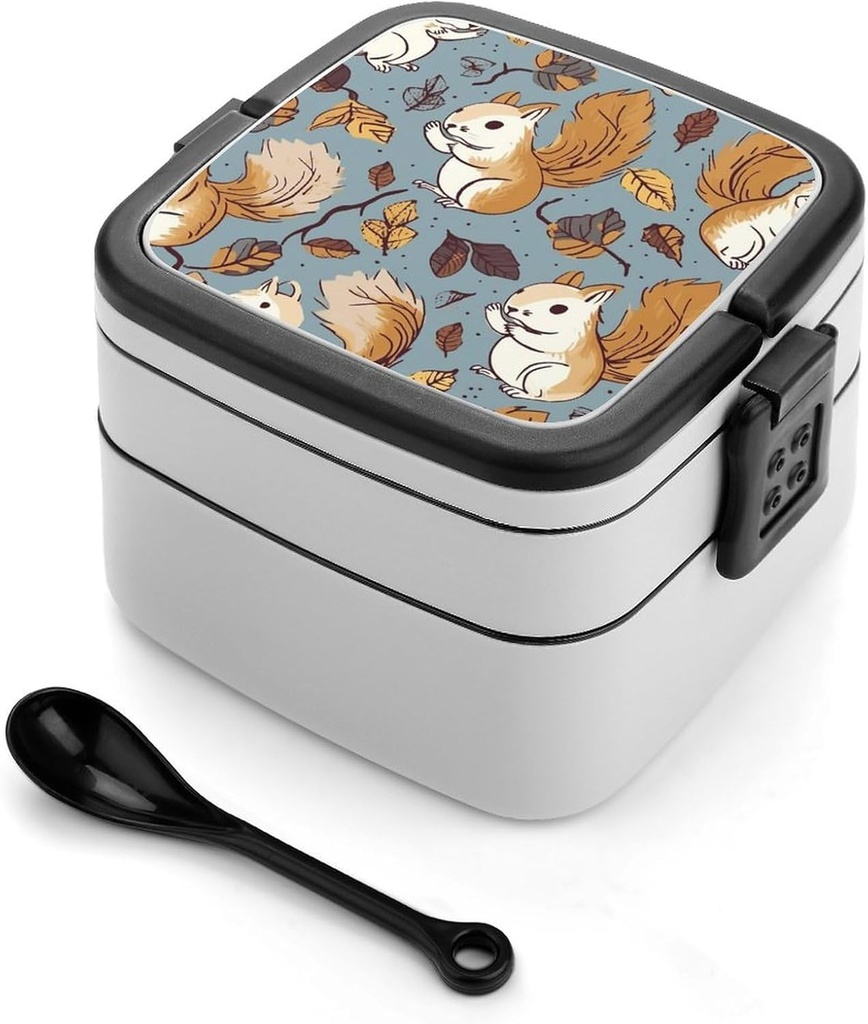 All-in-One Bento Box Stackable Leak-Proof Lunch Box With Carry Handle 2 Layer Portable Meal Prep Container Cute Squirrel Lunchbox with Utensils for Dining Out Work