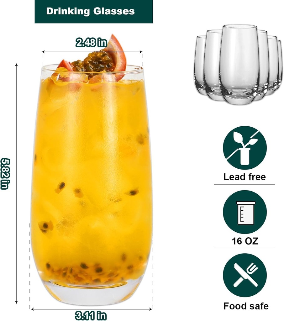 Highball Glasses Set of 2, Large 16oz Drinking Glasses for Mojitos, Cocktails, and Mixed Drinks, Lead-Free and Ideal for Home Bar (Set Of 2)