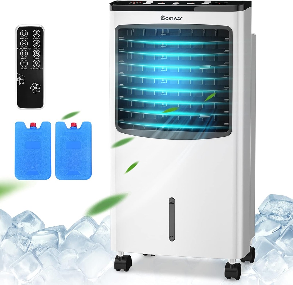 3-IN-1 Evaporative Air Conditioner, 29" Wide Oscillating Air Cooler with Humidifier, Remote Control, 2 Ice Packs & 2.1 Gallons Water Tank. Portable Tower fan for Room, Office & Home