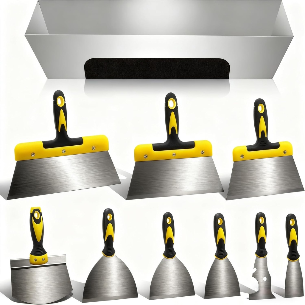 Qivine 10Pcs Drywall Knife Set, Stainless Steel Putty Knife Set, High Quality Drywall Taping Tools, Sheetrock Tools with Handles 12'' Mud Pan for Dry Wall Work