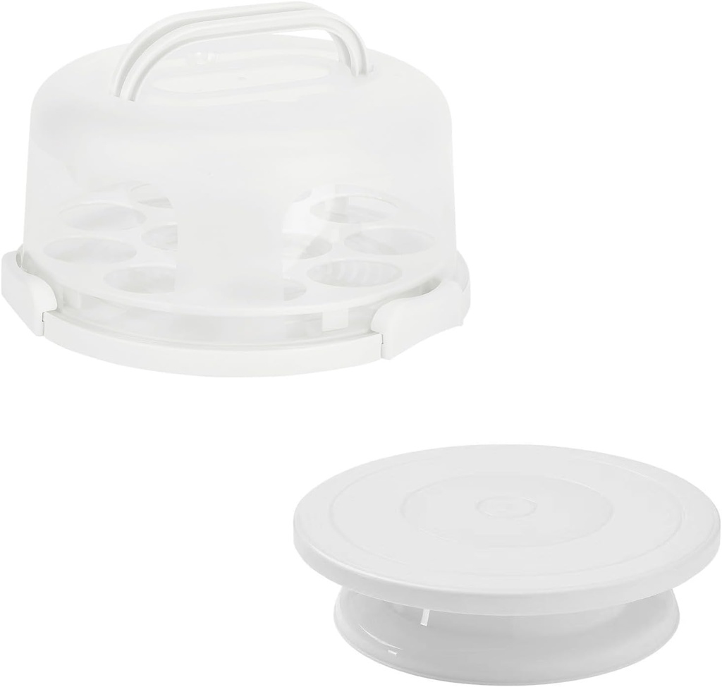 Cake Carrier, Carrier Cupcake Holder with Cake Turntable, Cake Carrier with Lid and Handle(White)