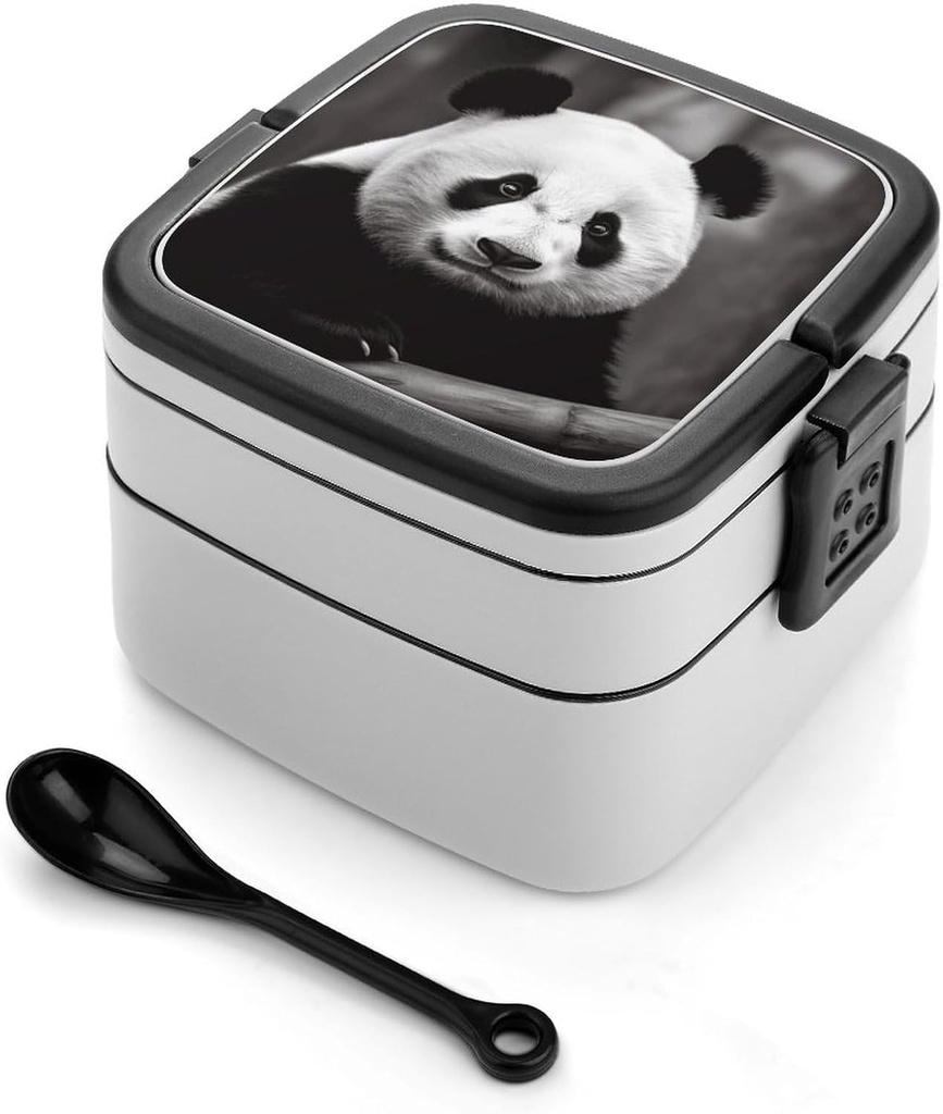 Adult Double-Layer Bento Box Black White Panda Portable Lunch Box with Spoon And Invisible Handle Leakproof Microwave-Safe Food Container for Work Travel Camping