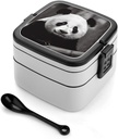 Adult Double-Layer Bento Box Black White Panda Portable Lunch Box with Spoon And Invisible Handle Leakproof Microwave-Safe Food Container for Work Travel Camping