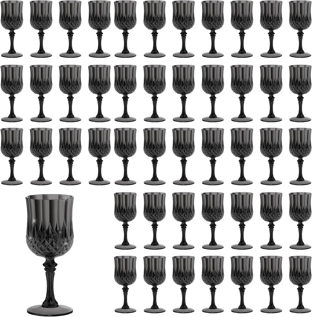48PCS 7OZ Black Wine Plastic Glasses Drinking Champagne Glasses Flutes Crystal Vintage Water Unbreakable Goblets for Halloween, Wedding, Parties