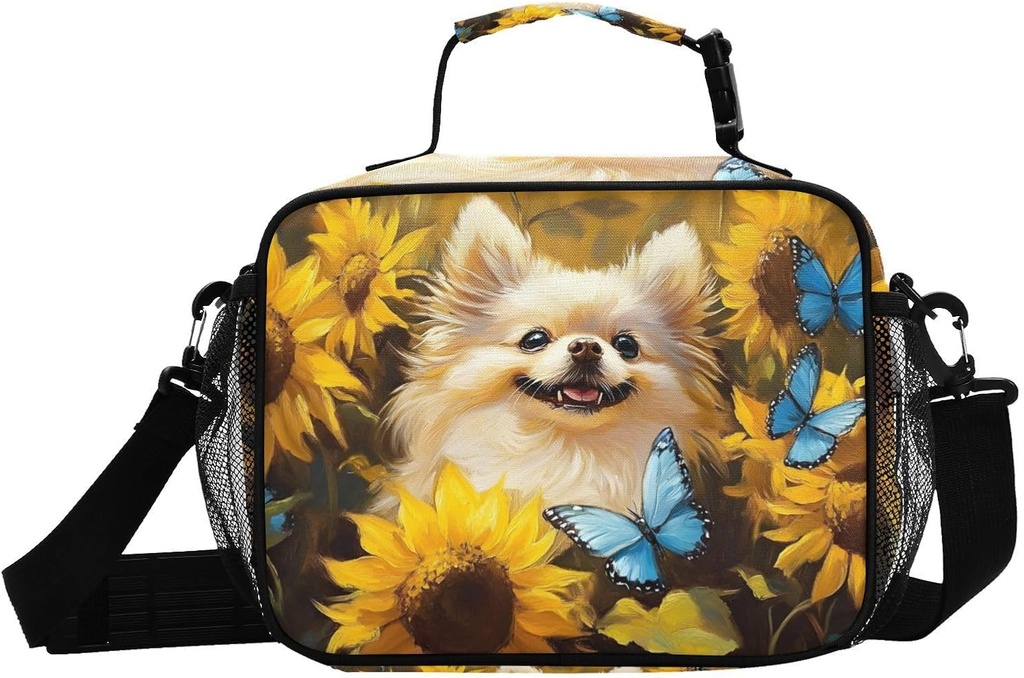 Lunch Boxes Pomeranian Dog Sunflower Cute for Women Men Insulated Lunch Bag for Work, Picnic, Funny Cute Anime Cooler Tote Bag with Adjustable Shoulder Strap