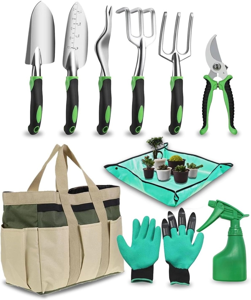 10Pcs Garden Tool Set, Heavy Duty Gardening Tools with Non-Slip Rubber Grip, Includes Shovel Trowel Fork Rake Gardening Gloves Organizer Handbag, Gifts for Women and Men