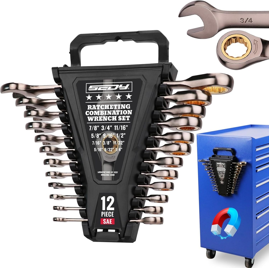 Premium 12-Piece SAE Ratchet Wrenches Set with Magnetic Organizer 1/4"-7/8", 72-Tooth Ratcheting Wrench Set, Cr-V Steel Ratchet Combination Wrench Set for Automotive, Machine Repair