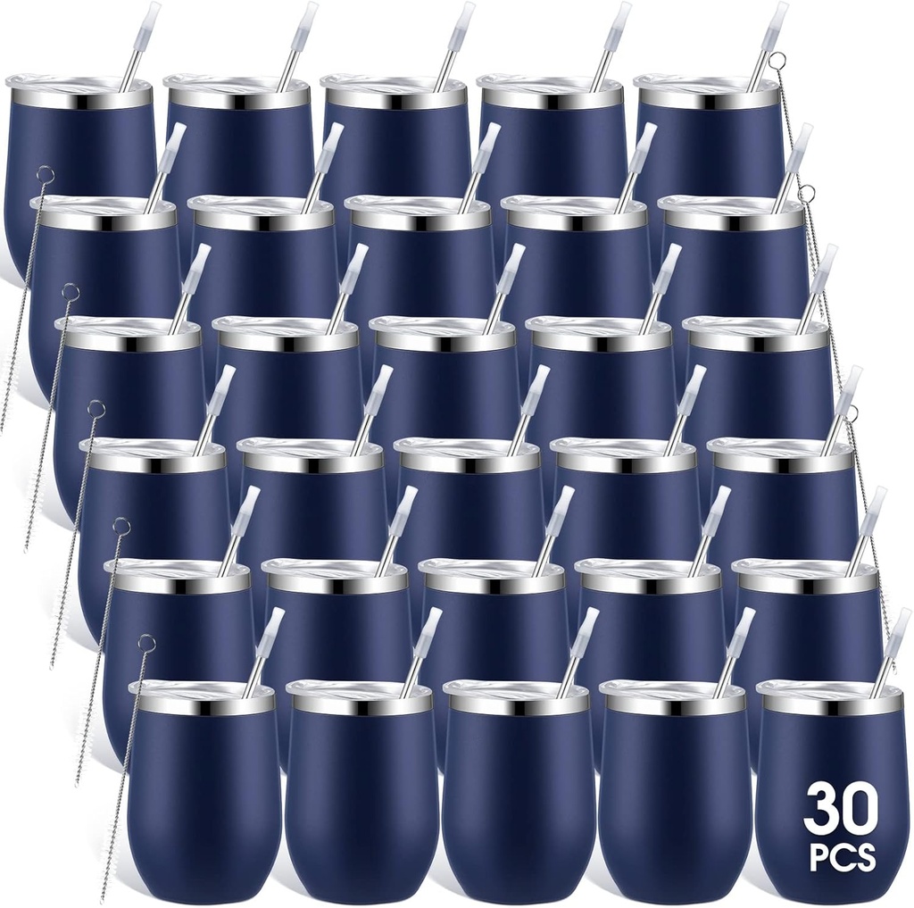 Inbagi 30 Pieces 12 oz Stainless Steel Wine Tumbler Bulk Double Wall Vacuum Insulated Glasses with Lids and Straws Travel Mugs Coffee Cups for Wedding Birthday Party Favor Gifts (Navy Blue)