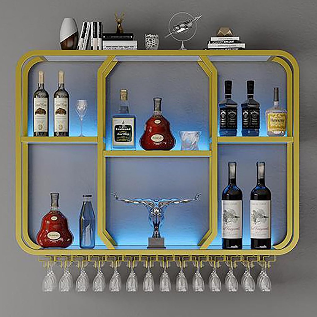 Large Wall Mounted Iron Wine Rack 36 Inch Industrial Metal Display with Wine Glass Holder Floating Shelves for Bar Unit Goblet Display Storage Rack with LED Light for Wine Cellar(Gold,120cm)