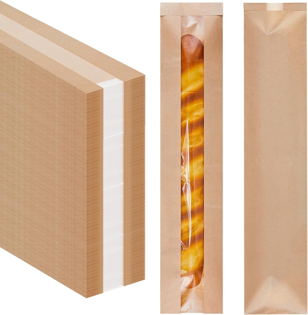 Layhit 300 Pcs Paper Bread Bags with Window for Homemade Bread Baguette Bags Brown Kraft Loaf Storage Sacks Long French Loaf Packing Bakery Storage, 4. 3 x 1. 6 x 23. 2 Inch