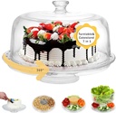7 in 1 Rotating Multifunctional Acrylic Cake Stand with Lid & Cake Turntable for Decorating (12") - Turntable Decorating Kit Serving Salad Bowl/Veggie Platter/Punch Bowl/Desert Platter - BPA Free