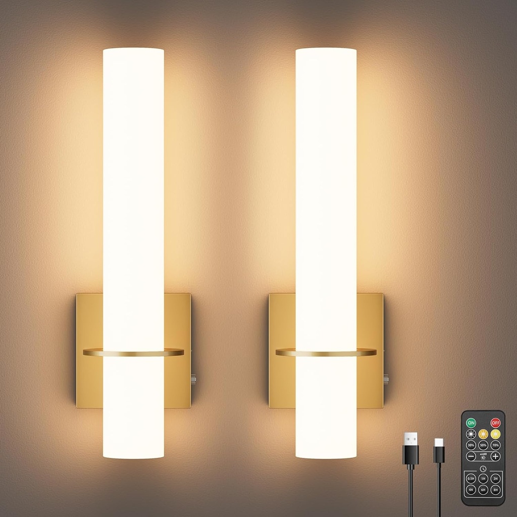 Gold Battery Operated Wall Sconces Set of Two,11000mAh Wireless Rechargeable Sconces 3 Colors Dimmable with Remote for Living Room Bedroom15.7inch