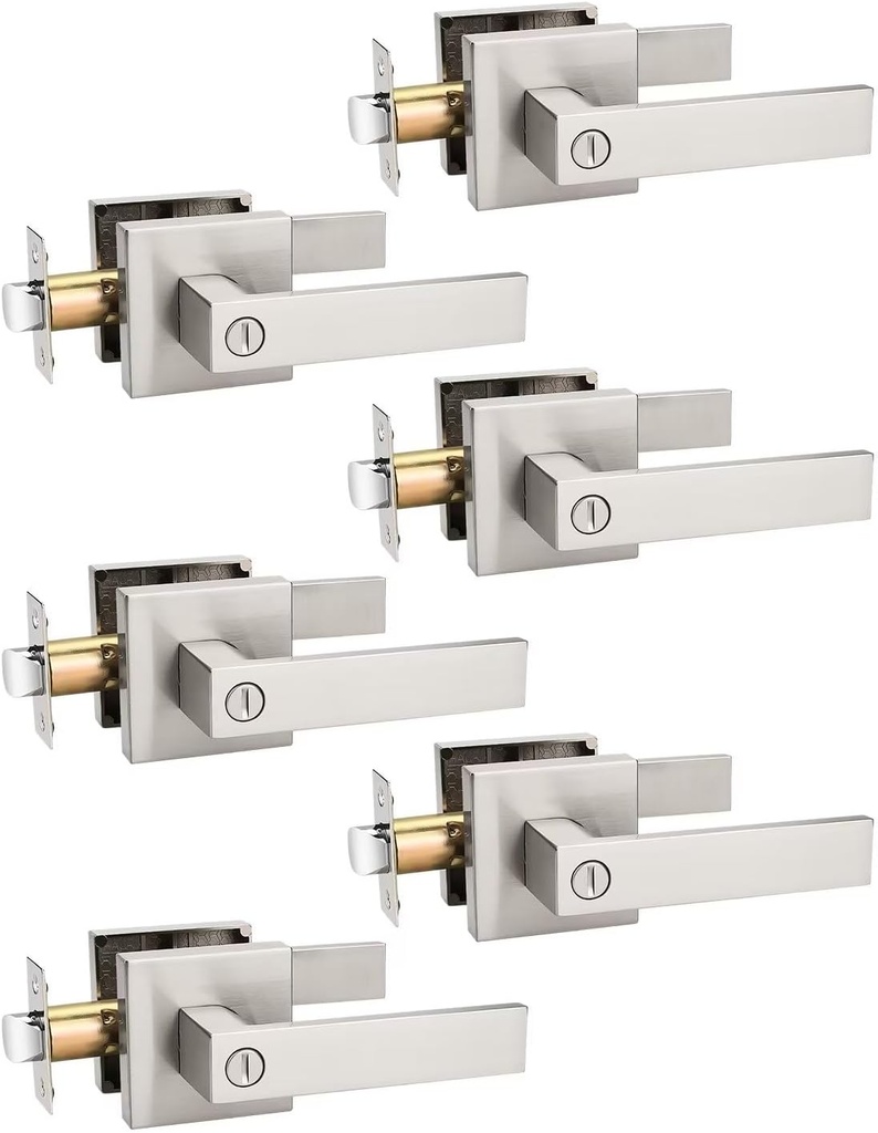 6 Pack Privacy Square Brushed Nickel Door Handles Interior, Keyless Door Knobs for Bedroom/Bathroom, Reversible for Left Right Handed Doors