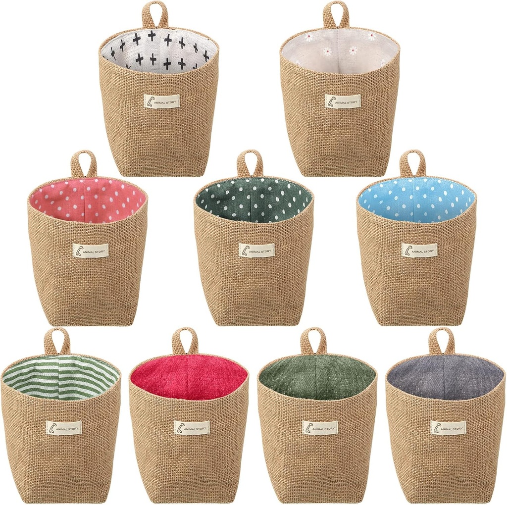 Boao 9 Pcs Mini Wall Hanging Storage Bags Cotton Linen Storage Basket Small Foldable Family Organizer Box Decorative Hanging Basket Bin for Door Wall Closet Office College Dorm(Stylish)