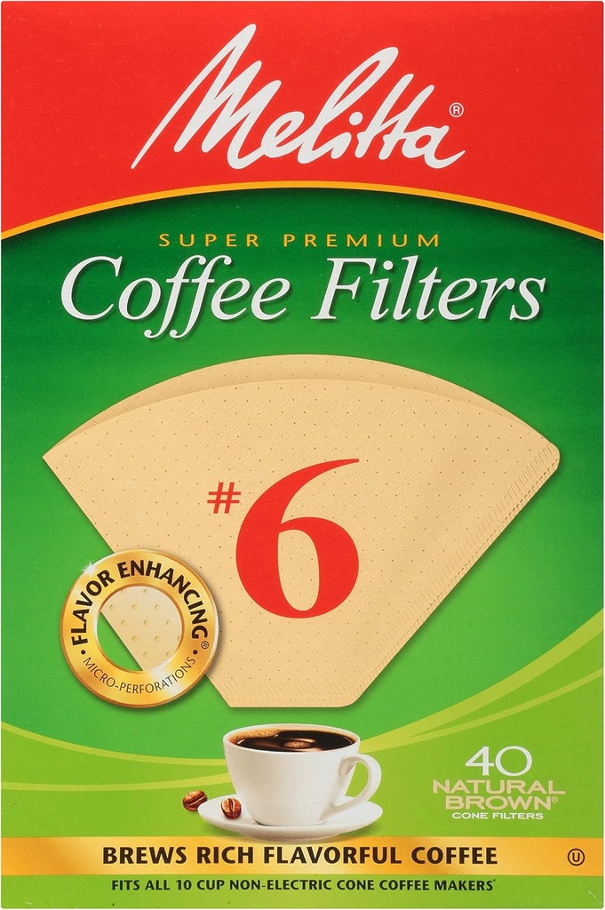 Melitta #6 Cone Coffee Filters, Unbleached Natural Brown, 40 Total Filters Count - Packaging May Vary