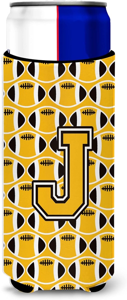 Letter J Football Black, Old Gold and White Ultra Beverage Insulators for slim cans
