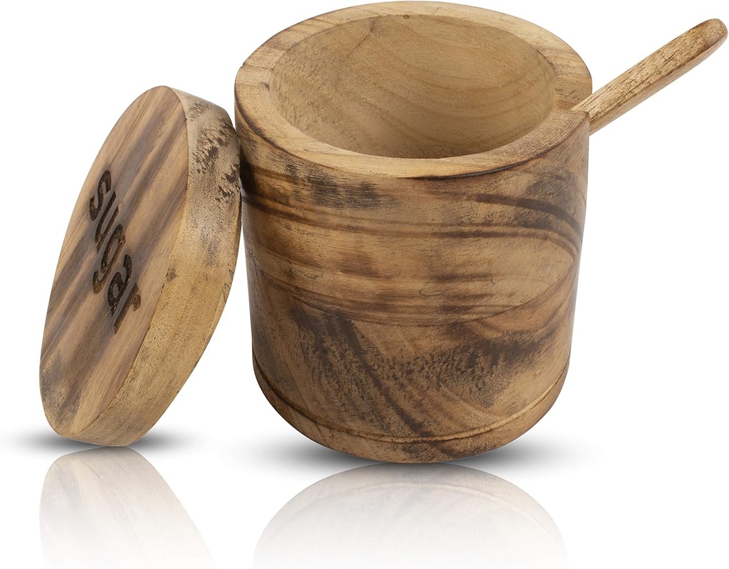 Decorative Rustic Wooden Sugar Seasonings Bowl Box Cellar Keeper With Lid & Spoon Wide Mouth Herb Spice Jar Holder Serving Bowl Pantryware Serverware Loose Tea Storage Container Novelty Home & Kitchen