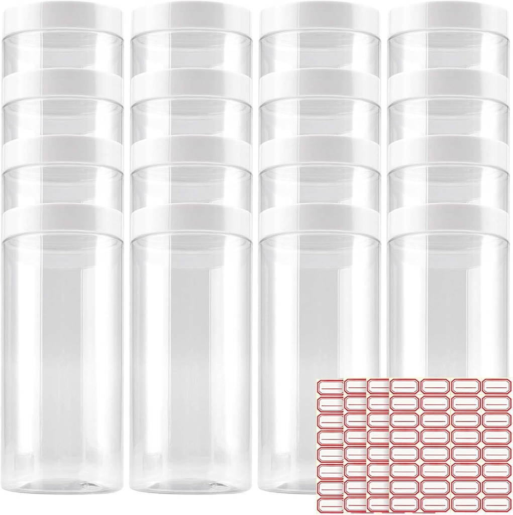 12 Pack 16oz Empty Plastic Jars with Lids, Clear Plastic Jars with 4 Stickers, Refillable Round Containers for Dry Food, Cosmetic Storage, Kitchen Food, and Home Storage