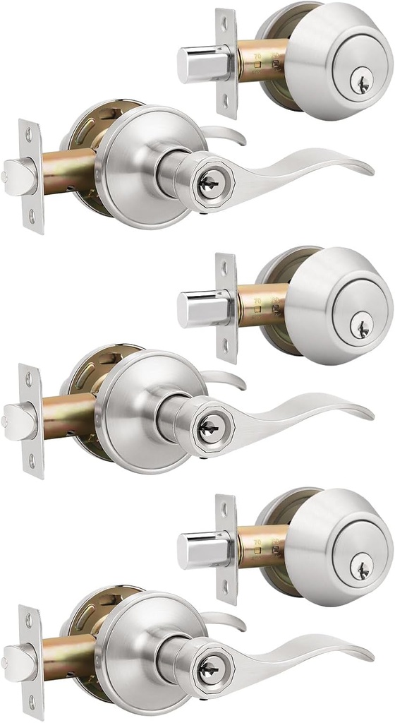3 Pack Exterior Door Lock Set,Double Cylinder Deadbolt with Wave Style Lever Door Handle, Satin Nickel Wave Style Heavy Duty Door Lever Set for Bedroom