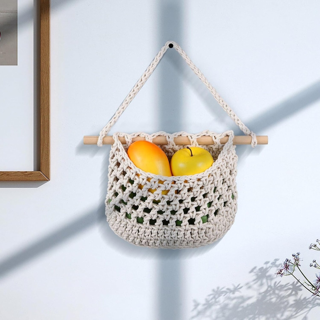 Samlee Handmade Boho Cotton Rope Hanging Fruit Basket for Kitchen Living Room - White, Over Door Storage, Woven Baskets for Small Items