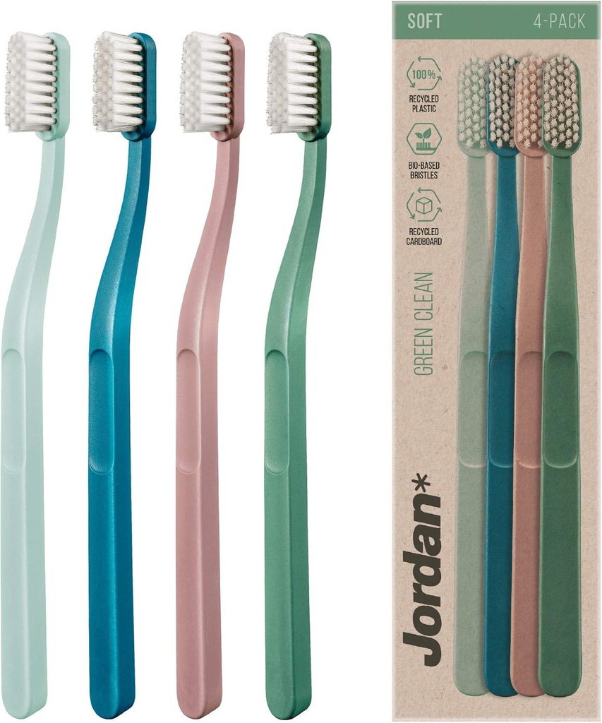 Jordan Green Clean Manual Toothbrush - Sustainable, Scandinavian Design, Soft Bristles, Mixed Colors, 4 Units