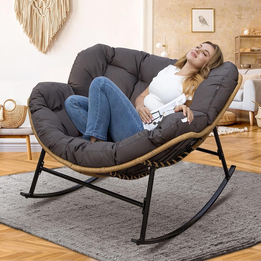 NICESOUL Outdoor Papasan Rocking Chair with Padded Cushion, All-Weather Patio Egg Rocker, Large Rattan Glider Indoor, Wide Cozy Comfy Recliner Lounge Chairs for Balcony Porch Bedroom Backyard, Grey