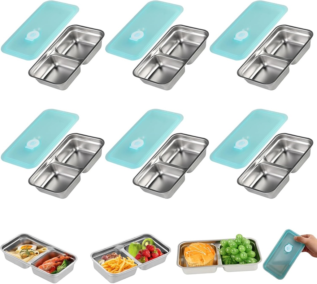6PC Grab and Go Snack Containers Reusable, Stainless Steel Double Compartment Snack Container,Stainless Steel Snack Containers with Lids,Compartment box with Lids For Travel and Outdoor Camping