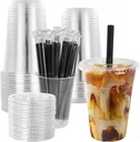 25 Sets - 16oz Disposable Clear Plastic Cups with Lids and Smoothies Straws Party Drinking Cups for Milkshakes,Cold Coffee