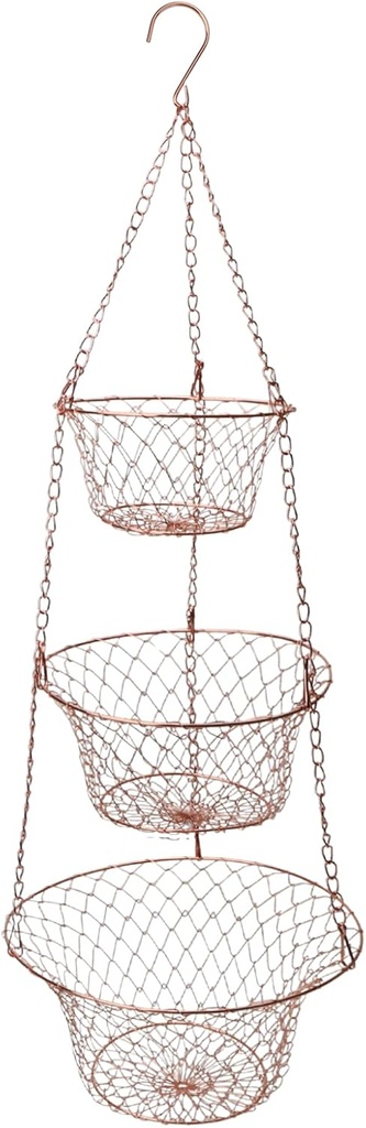 Hanging Fruit Basket – 3 Tier Hanging Baskets for Kitchen – Heavy Duty Wire Fruit and Vegetable Basket with Hooks, Copper Finish 32 Inches Kitchen Organizer, Storage Rack, Durable Iron