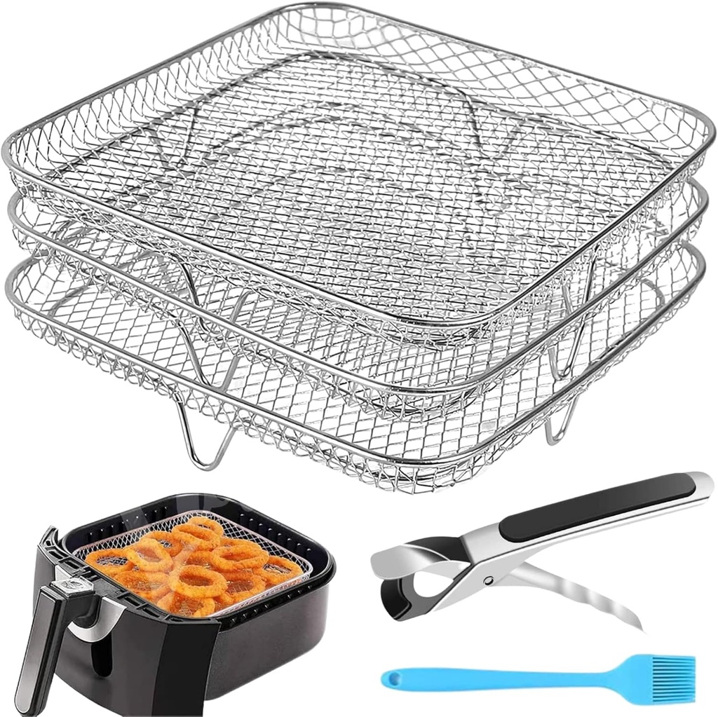 Air Fryer Accessories - 8" Square 3 Stackable Dehydrator Racks for Cosori, Instant Vortex, Nuwave Air Fryer, Ninja Foodi Grill - Multi-Layer 304 Stainless Steel Grill Rack Fits 5.8 QT Air Fryer, Oven
