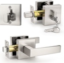 Probrico Brushed Nickel Passage Door Lever with Single Cylinder Deadbolts Combo Pack, Modern Square Lock Set Handleset,Exterior Handle and Set,Same Keys, 1 Pack