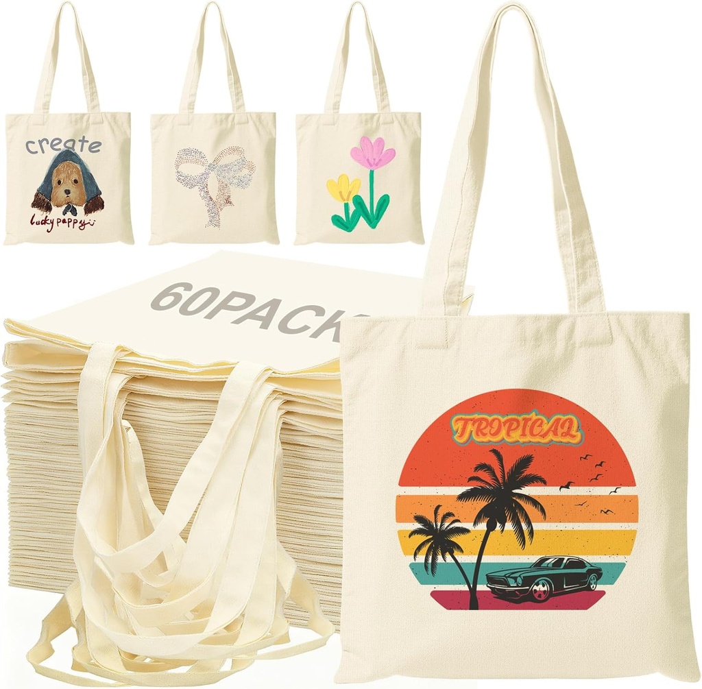 60 Pack Sublimation Blanks Tote Bags Bulk 13X15 Inch Canvas Tote With Handles for DIY Crafting Heat Transfer Vinyl, Personalized Gifts for Women Men, Party Birthday Gift - Beige