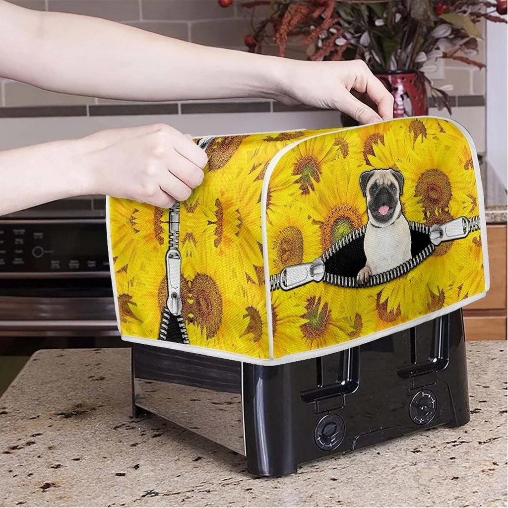 Xoenoiee Sunflowers Pug Dog Designs Cute Yellow Toaster Cover Kitchen Small Appliance Cover for Women Gift, Microwave Toaster Oven Cover for Most Standard 4 Slice Toasters, M