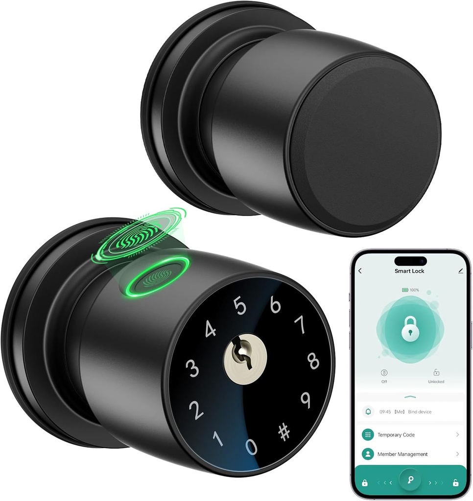 IRONZON Fingerprint Door Knob Fingerprint Door Lock with App Control Smart Door knob for Bedroom, Biometric Door Lock for Apartment Office and Garages