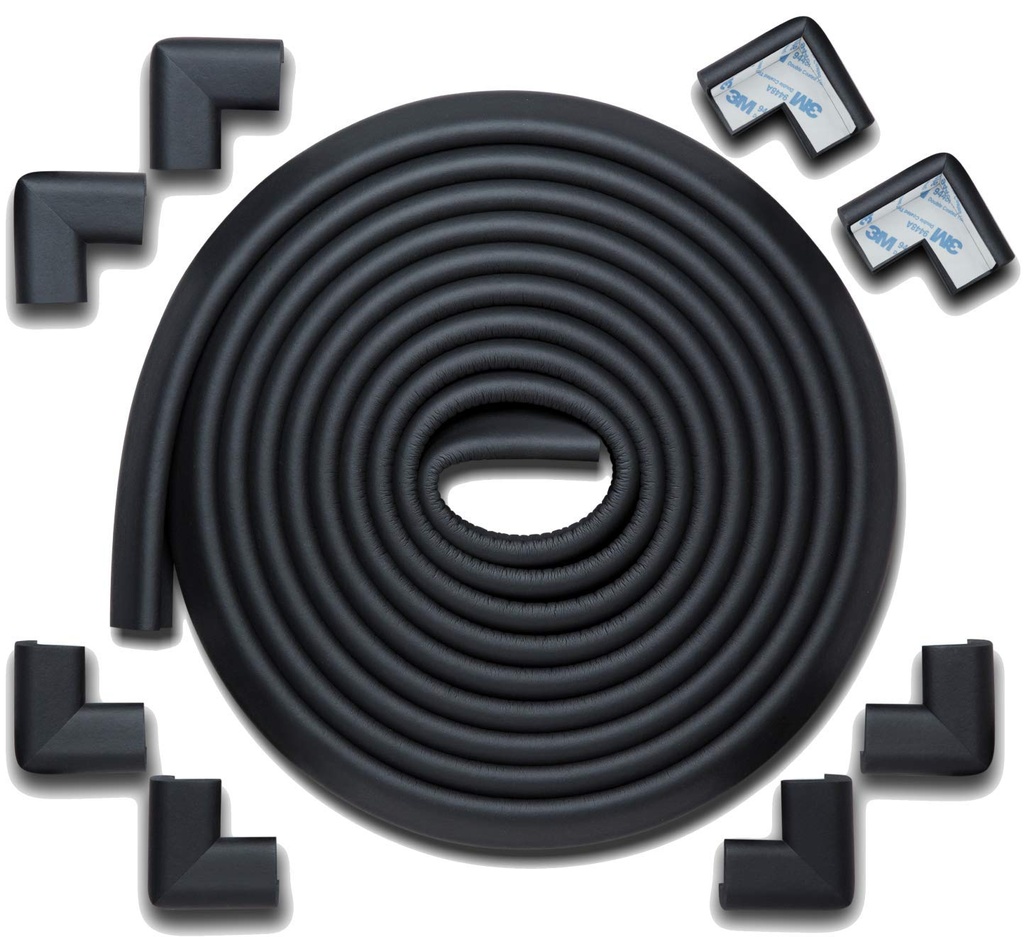 Roving Cove HeftyFit Edge Corner Protector Baby Proofing (Large 18ft Edge 8 Corners), Heavy-Duty, Soft NBR Rubber Foam, Furniture Fireplace Safety Bumper Guard, 3M Adhesive, Onyx Black