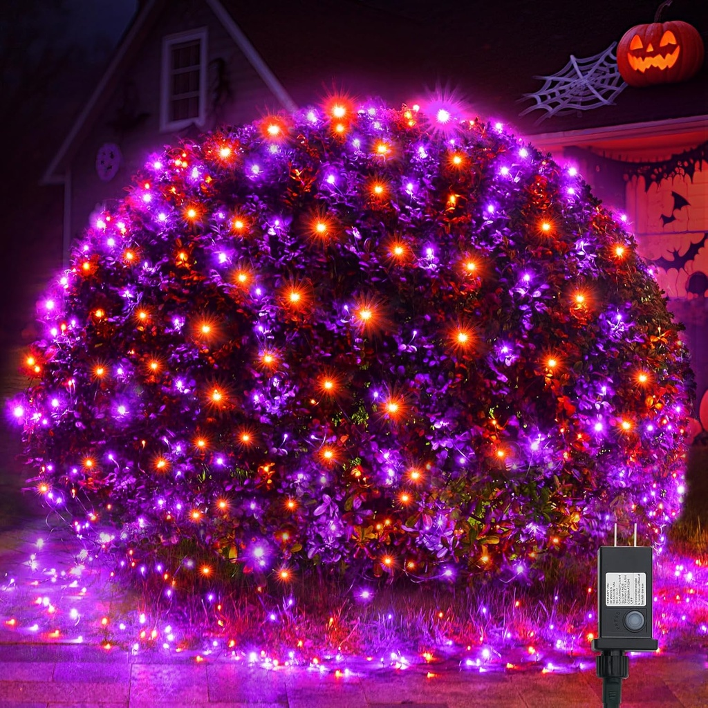 WBao Halloween Lights Outdoor 200LED 8.4ft x 5.2ft Orange Purple Halloween Net Lights with 8 Modes, Timer, Connectable, Waterproof & Dark Green Wire for Lawn, Bushes, Trees, Outdoor Holiday Decor